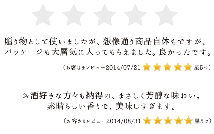 贈り物として使いましたが、想像通り商品自体もですが、パッケージも大層気に入ってもらえました。良かったです。お客さまレビュー2014/07/21星5つ
お酒好きな方々も納得の、まさしく芳醇な味わい。素晴らしい香りで、美味しすぎます。(お客さまレビュー2014/08/31星5つ