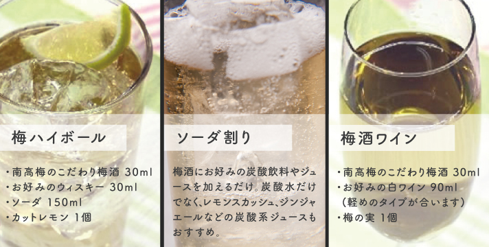 アレンジレシピ「梅ハイボール」・南高梅のこだわり梅酒30ml・お好みのウイスキー30ml・ソーダ150ml・カットレモン1個
「ソーダ割り」梅酒にお好みの炭酸飲料やジュースを加えるだけ。炭酸水だけでなく、レモンスカッシュ、ジンジャエールなどの炭酸系ジュースもおすすめ。
「梅酒ワイン」・南高梅のこだわり梅酒30ml・お好みの白ワイン90ml（軽めのタイプが合います）・梅の実1個