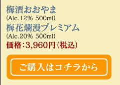 梅酒おおやま(Alc.12% 500ml）・梅花爛漫プレミアム（Alc.20% 500ml）価格：3,960円（税込）　ご購入はコチラから