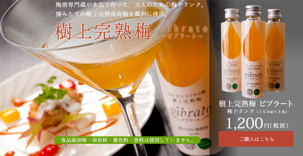 梅酒専門蔵が本気で作った、大人のための梅ドリンク。摘みたての樹上完熟南高梅を贅沢に使用。樹上完熟梅 vibrato|樹上完熟梅 ビブラート (梅ドリンク) (150ml×3本)1,200円(税別)※食品添加物・保存料・着色料・香料は使用していません。