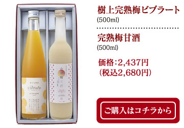極上完熟梅ビブラート(500ml)・完熟梅甘酒(500ml)　価格：2,437円（税込2,680円）ご購入はコチラから