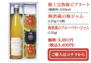 極上完熟梅ビブラート（梅飲料 500ml）・梅酒蔵の梅ジャム（120ｇ×2個）・梅酒蔵のブルーベリージャム（120ｇ）価格：3,091円（税込3,400円）　ご購入はコチラから