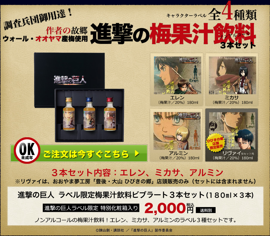 作者の故郷 ウォール・オオヤマ産梅使用 進撃の梅果汁飲料 3本セット